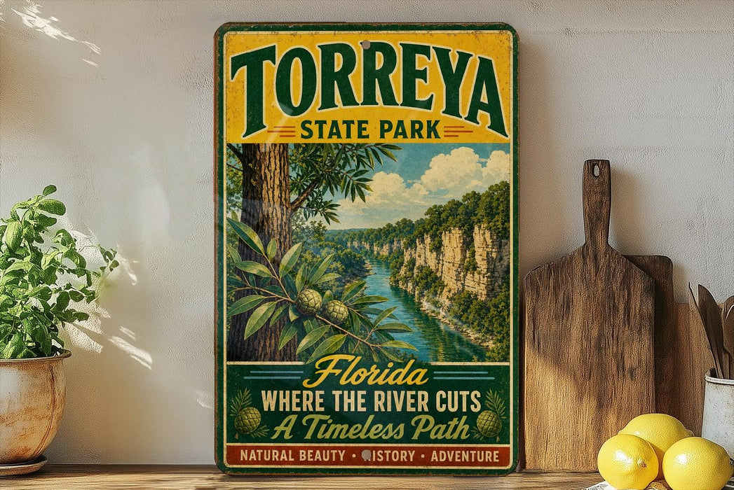 A vintage-style sign for Torreya State Park, featuring a scenic illustration of a river surrounded by lush greenery.