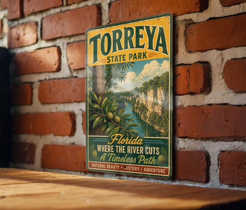 A vintage-style metal sign for Torreya State Park, featuring a scenic illustration of a river and lush vegetation.