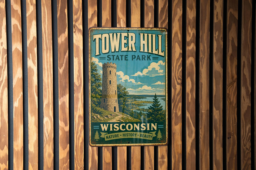 A vintage-style metal sign for Tower Hill State Park in Wisconsin, featuring a tower and a scenic landscape.