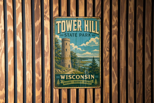 A vintage-style metal sign for Tower Hill State Park in Wisconsin, featuring a tower and a scenic landscape.
