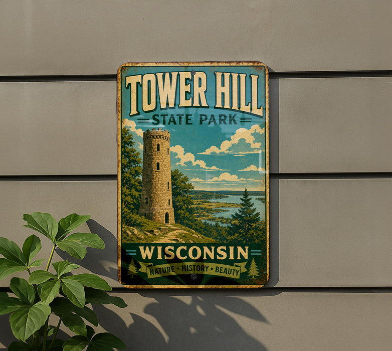 A vintage-style metal sign for Tower Hill State Park in Wisconsin, featuring a tower and a scenic landscape.