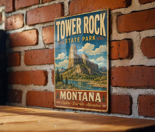 A vintage metal sign for Tower Rock State Park in Montana, featuring a scenic mountain landscape.