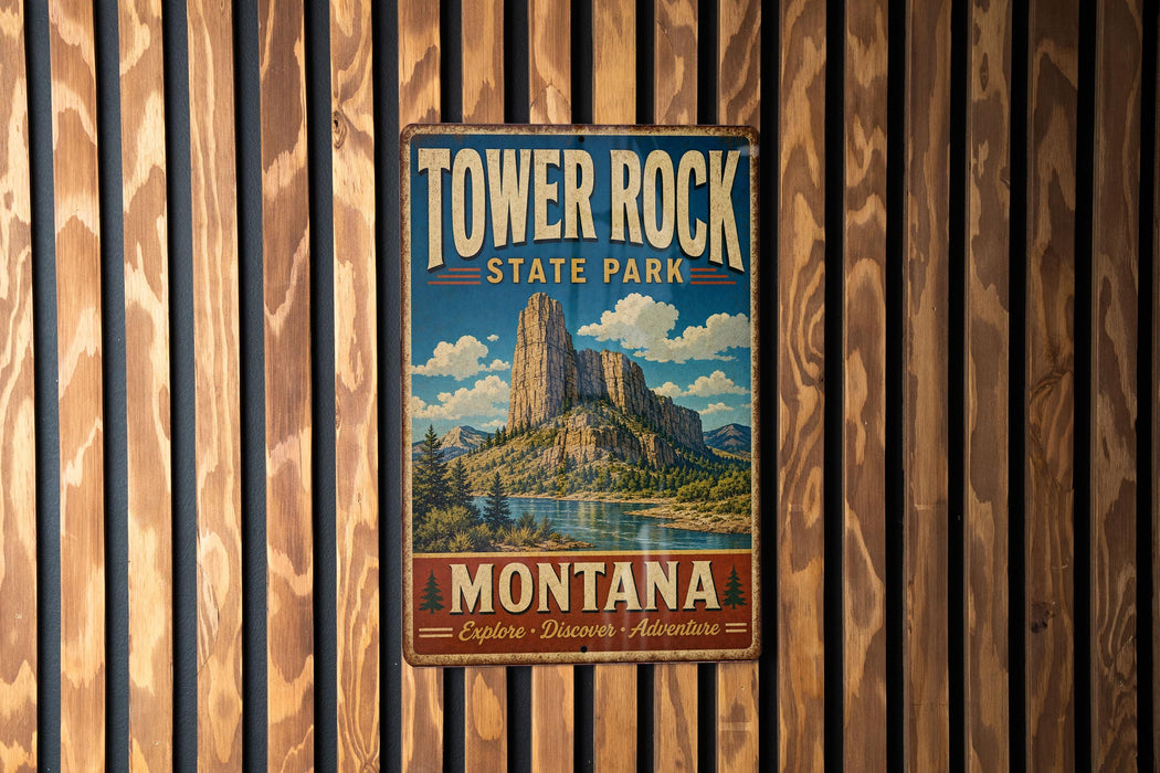 A vintage metal sign for Tower Rock State Park in Montana, featuring a scenic illustration of the park's landscape.