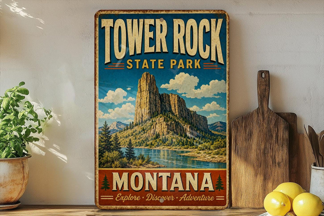 A vintage-style metal sign for Tower Rock State Park in Montana, featuring a scenic mountain landscape with a river and pine trees.