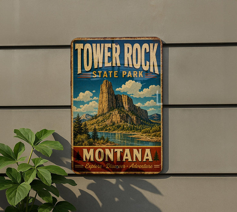 A vintage metal sign for Tower Rock State Park in Montana, featuring a scenic mountain landscape.