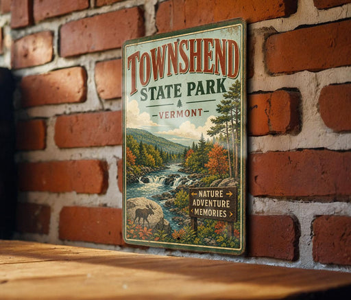 A vintage-style metal sign for Townshend State Park in Vermont, featuring a scenic illustration of a river, forest, and waterfall.