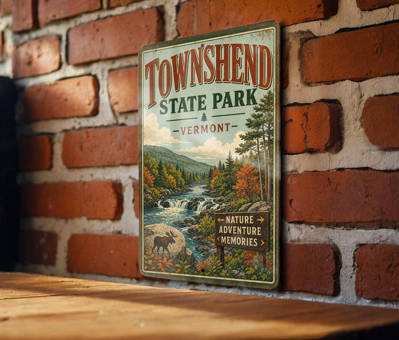 A vintage-style metal sign for Townshend State Park in Vermont, featuring a scenic illustration of a river, forest, and waterfall.