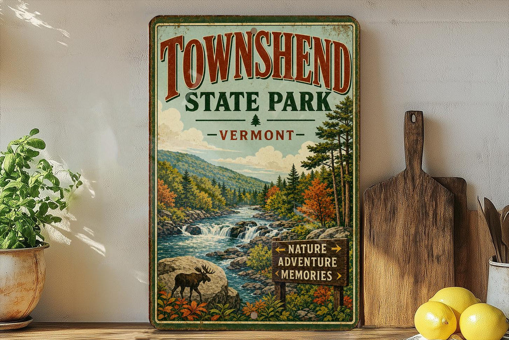 A vintage-style sign for Townshend State Park in Vermont, featuring a scenic landscape with a river, mountains, and wildlife.