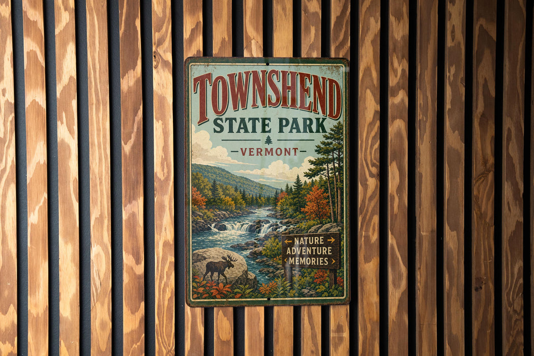 A vintage-style sign for Townshend State Park in Vermont, featuring a scenic illustration of the park's natural surroundings.