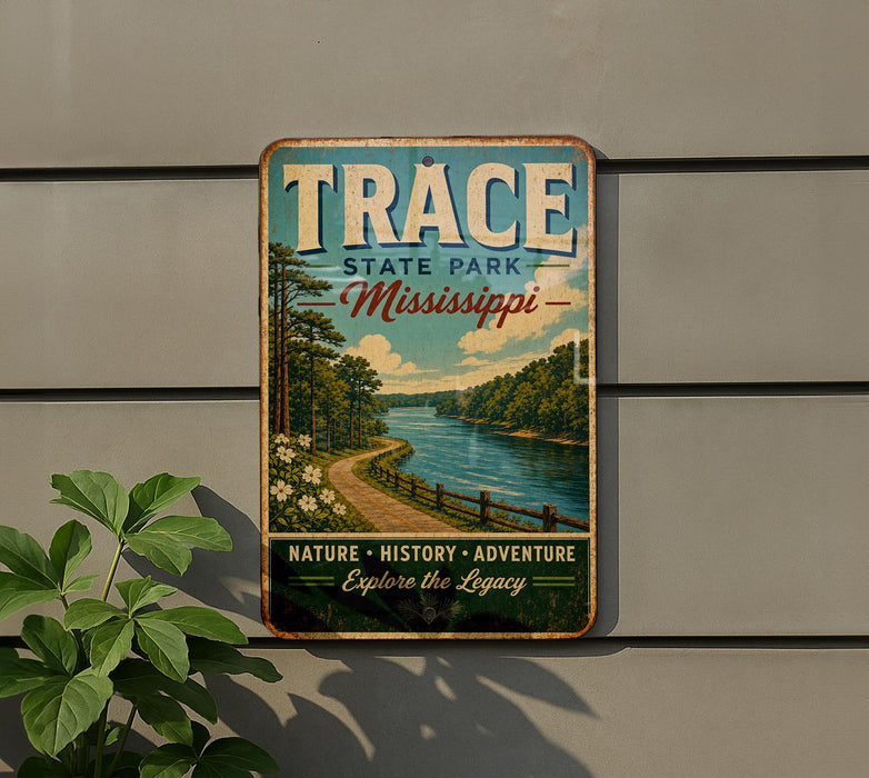 A vintage-style metal sign for Trace State Park in Mississippi, featuring a scenic landscape with a river and forest.