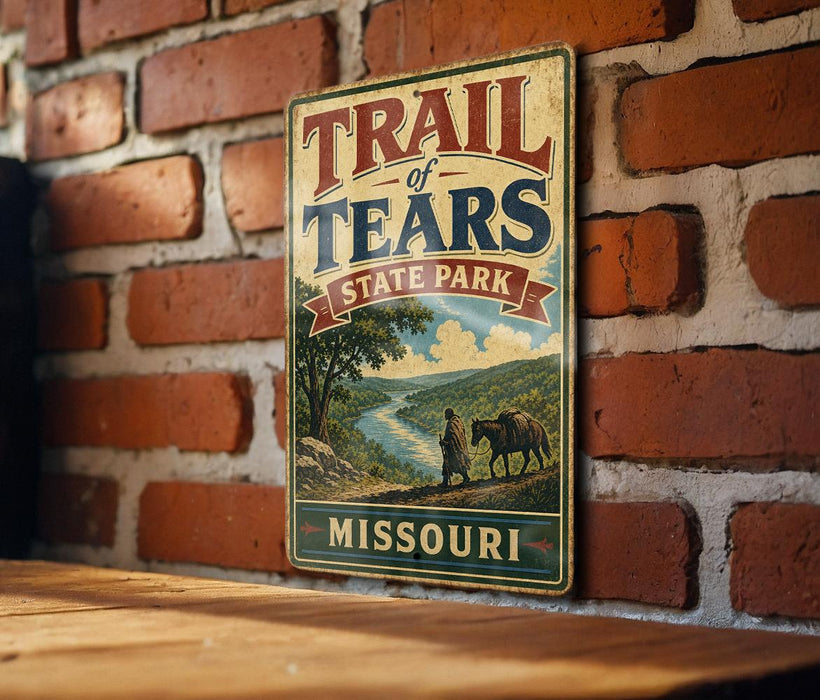 A vintage-style metal sign for Trail of Tears State Park in Missouri, featuring a scenic illustration of a person walking along a river with a horse.