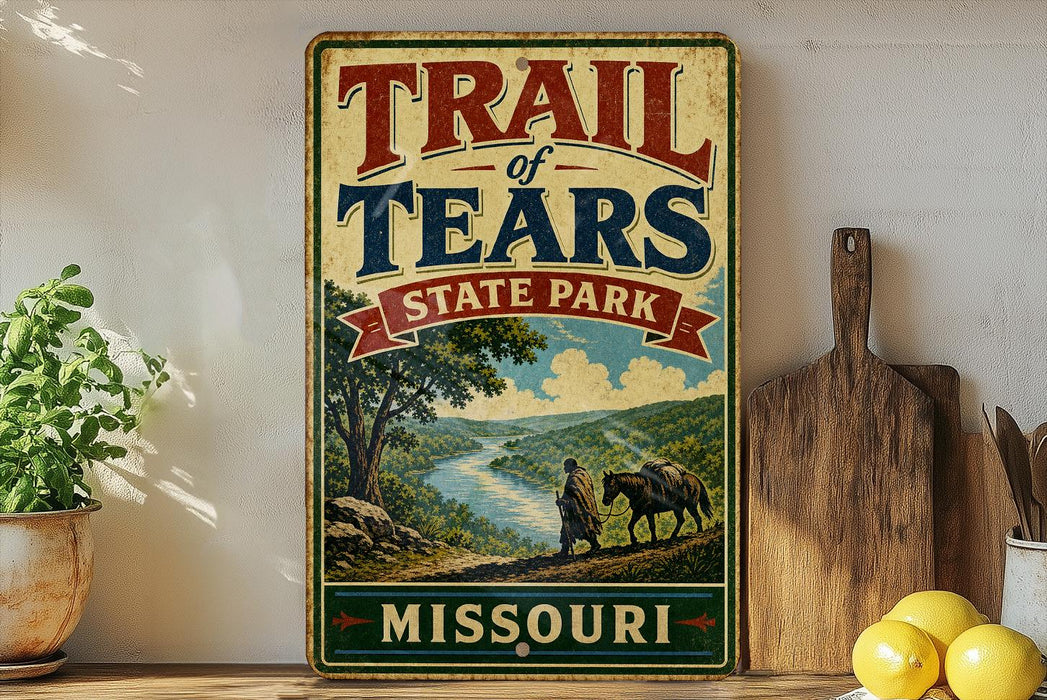 A vintage-style sign for Trail of Tears State Park in Missouri, featuring a scenic illustration of a river and mountains.