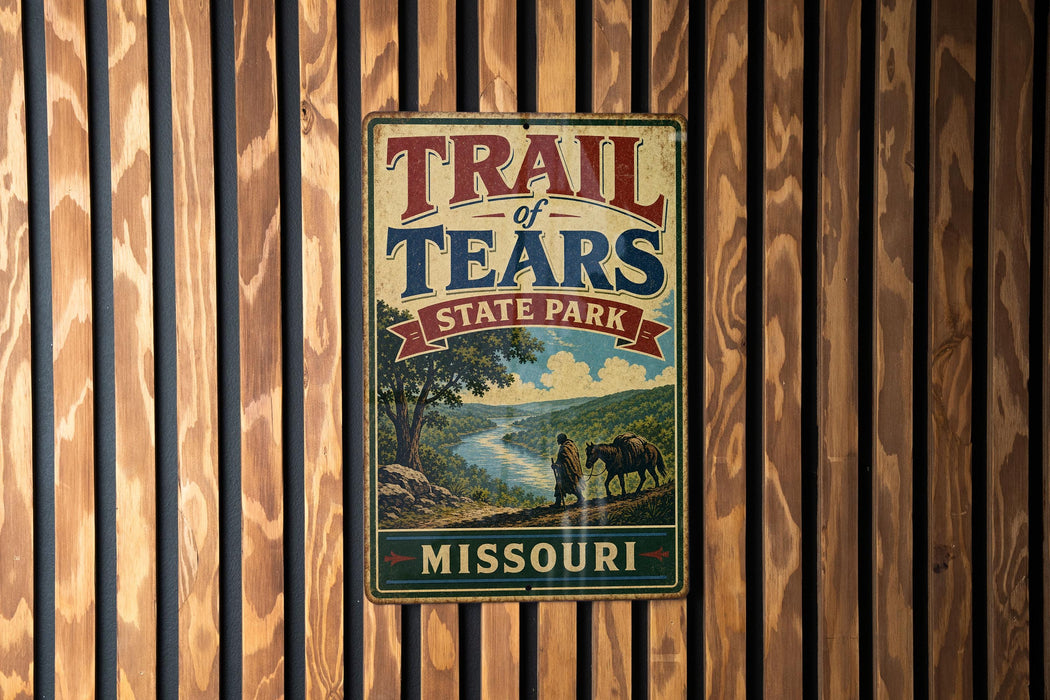 A vintage metal sign for Trail of Tears State Park in Missouri, featuring a scenic illustration of a river and mountains.