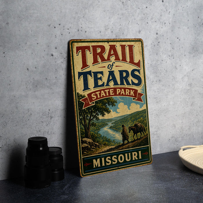 A vintage-style metal sign for Trail of Tears State Park in Missouri, featuring a scenic illustration of a person and horse on a trail.