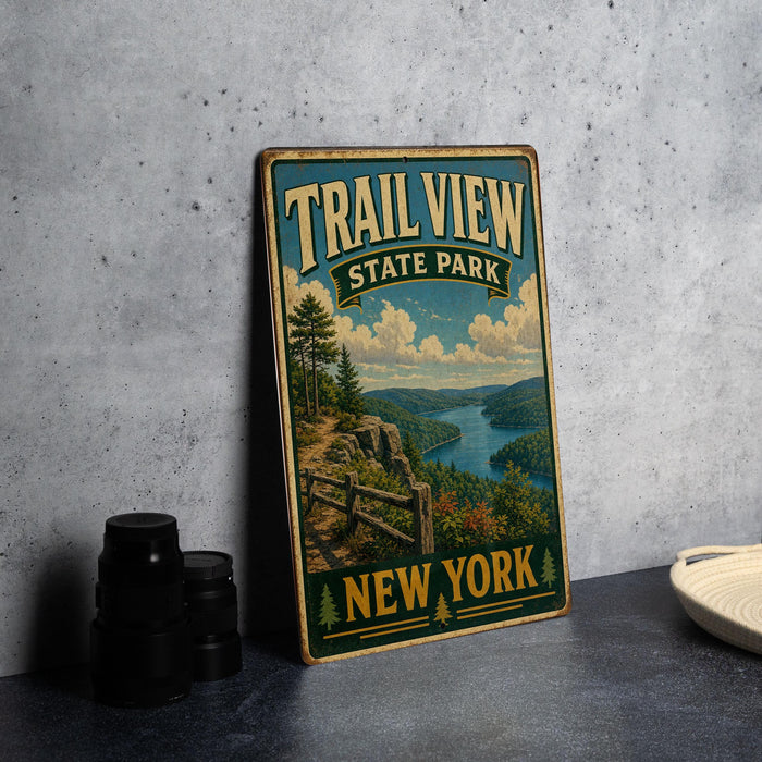A vintage-style sign for Trail View State Park in New York, featuring a scenic landscape with a river, mountains, and pine trees.