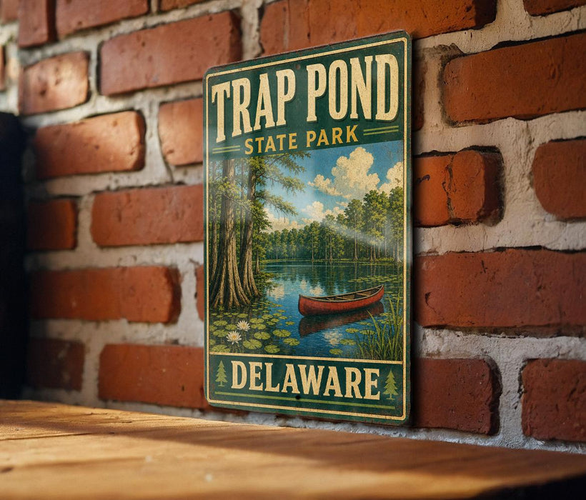 A metal sign with a painting of a red canoe on a lake, surrounded by trees, is mounted on a brick wall.