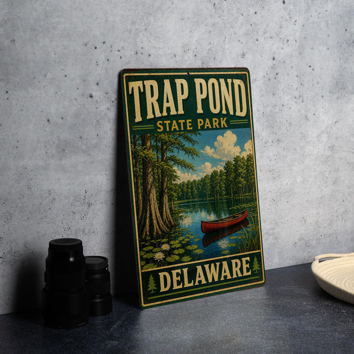 A vintage metal sign for Trap Pond State Park in Delaware, featuring an illustration of a red canoe on a lake surrounded by trees and a cloudy sky.