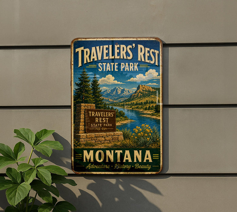 A vintage metal sign for Travelers' Rest State Park in Montana, featuring a scenic landscape with mountains, a river, and a sign that reads "Travelers' Rest State Park Montana".