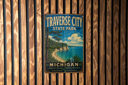 A vintage metal sign for Traverse City State Park in Michigan, featuring a scenic landscape with a beach, mountains, and a lake.