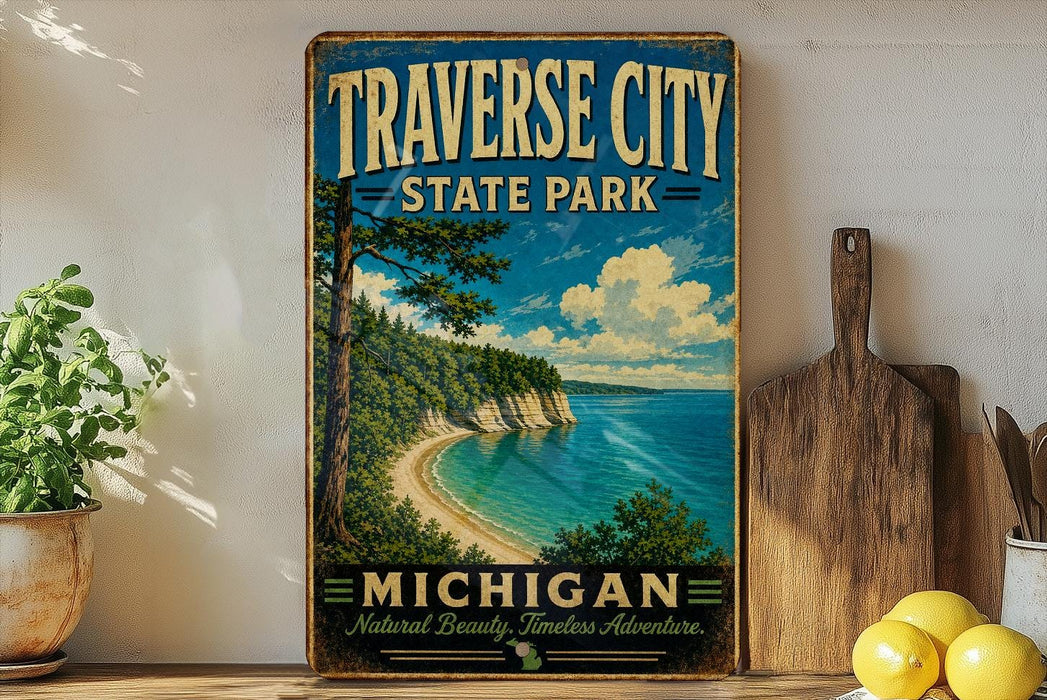A vintage-style sign for Traverse City State Park in Michigan, featuring a scenic coastal landscape with a beach, cliffs, and a lake.