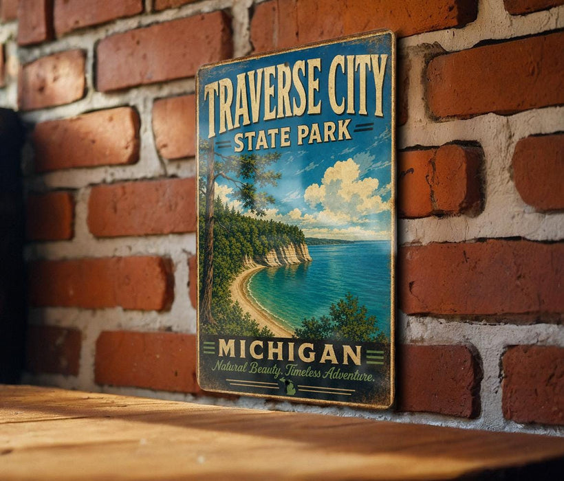 A vintage-style sign for Traverse City State Park in Michigan, featuring a scenic landscape with a beach, cliffs, and a lake.
