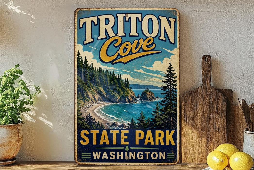 A vintage-style sign for Triton Cove State Park in Washington, featuring a scenic coastal landscape with pine trees, a rocky cliff, and a beach.