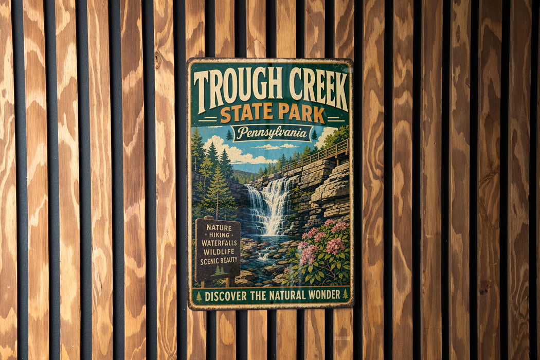 A vintage metal sign for the Tough Creek State Park in Pennsylvania, featuring a waterfall and lush greenery, is displayed on a wooden wall.
