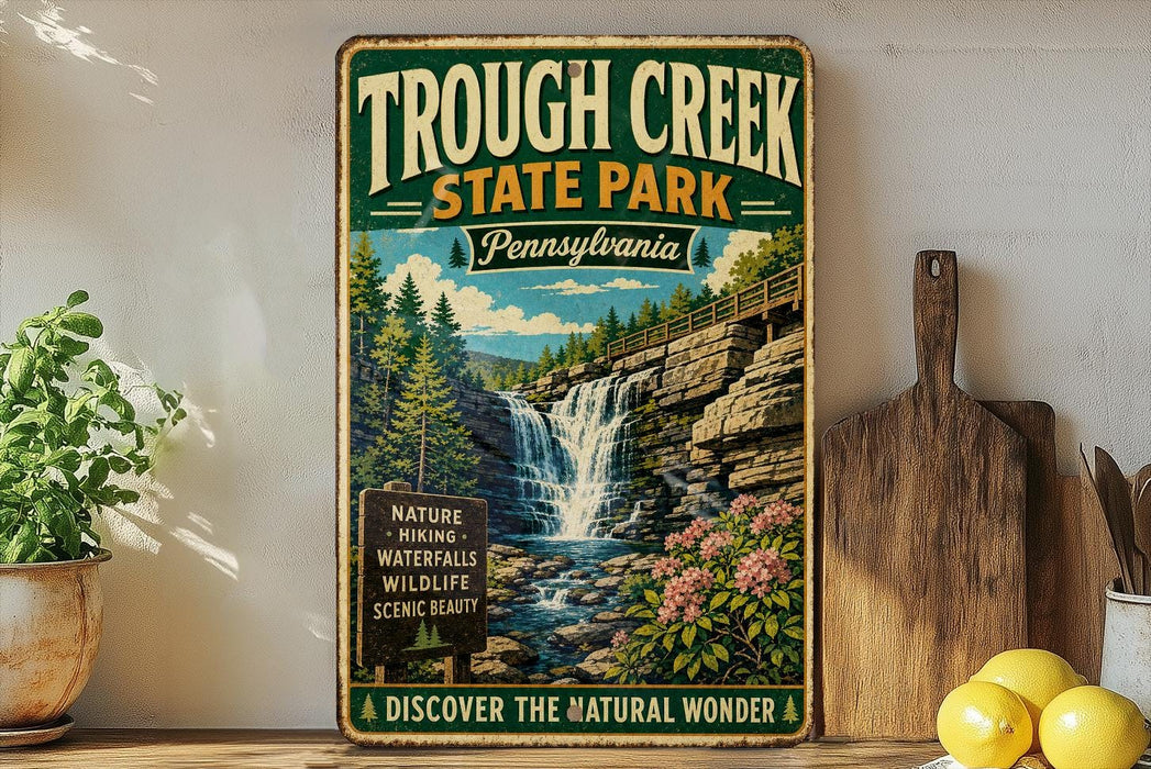 A vintage-style sign for the Trough Creek State Park in Pennsylvania, featuring a scenic illustration of a waterfall surrounded by nature.