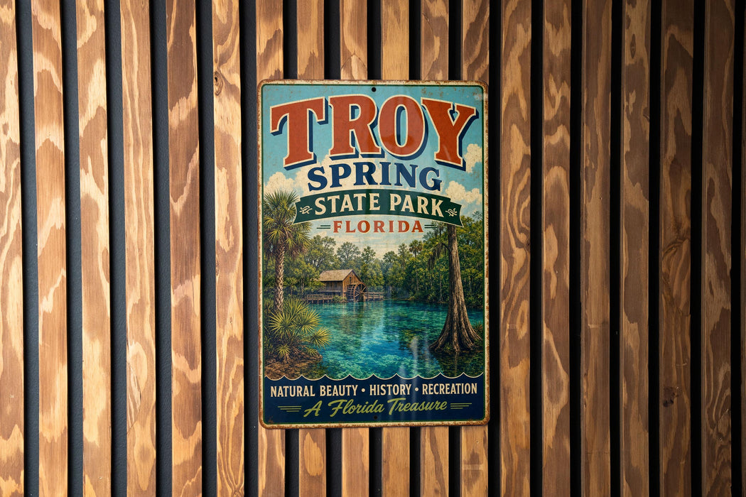 A vintage-style metal sign for Troy Spring State Park in Florida, featuring a scenic illustration of a lake surrounded by palm trees and a cabin.