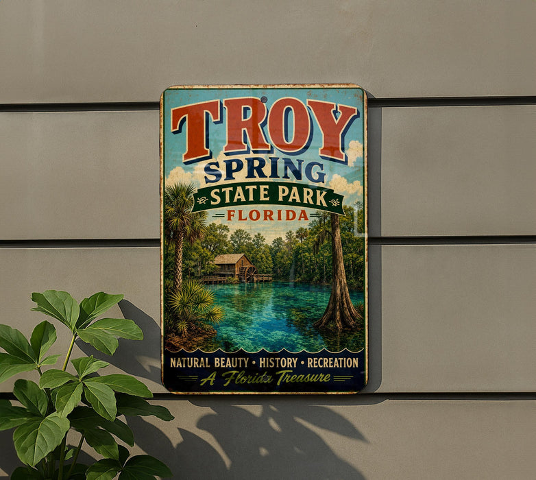 A vintage-style sign for Troy Spring State Park in Florida, featuring a scenic image of the park with a lake and palm trees.