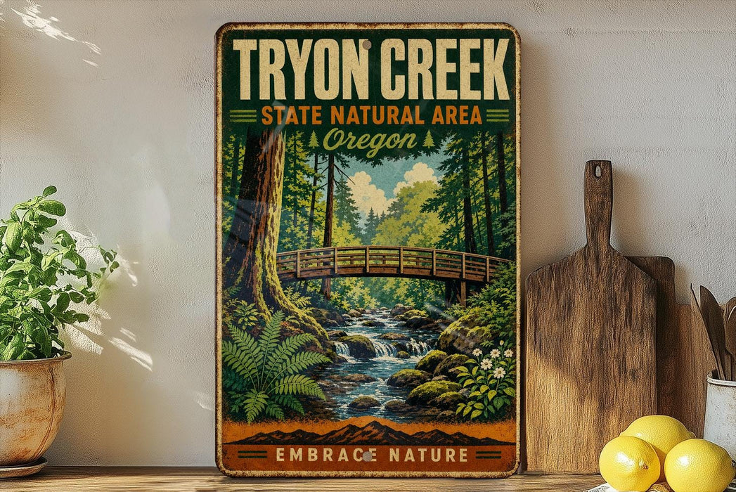 A vintage-style metal sign for "Tryon Creek State Natural Area Oregon" featuring a scenic illustration of a bridge over a river surrounded by lush greenery.