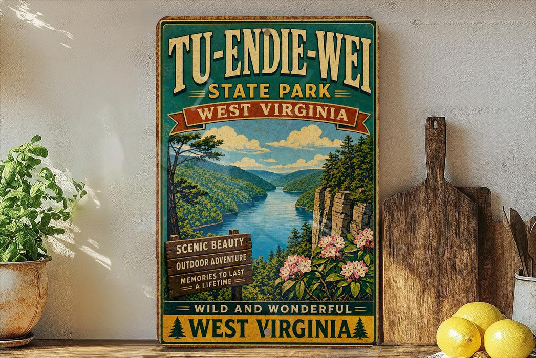 a vintage-style sign for Tu-Endie-Wei State Park, West Virginia, with a scenic mountain landscape and a river.