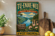 a vintage-style sign for Tu-Endie-Wei State Park, West Virginia, with a scenic mountain landscape and a river.