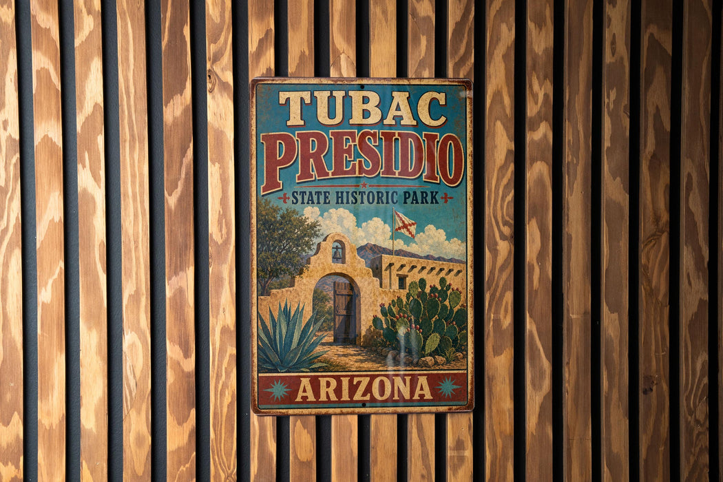 A vintage-style metal sign for Tubac Presidio State Historic Park in Arizona, featuring an illustration of a historic building surrounded by desert vegetation.