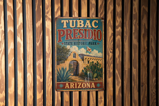 A vintage-style metal sign for Tubac Presidio State Historic Park in Arizona, featuring an illustration of a historic building surrounded by desert vegetation.