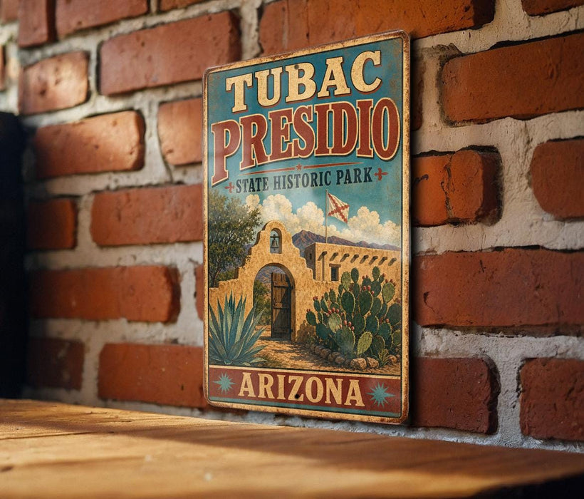A vintage-style metal sign for Tubac Presidio State Historic Park in Arizona, featuring an illustration of a historic building surrounded by desert vegetation.