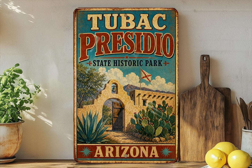 A vintage-style sign for Tubac Presidio State Historic Park in Arizona, featuring an illustration of a historic building surrounded by desert vegetation.