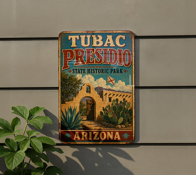 A vintage-style metal sign for Tubac Presidio State Historic Park in Arizona, featuring an illustration of a historic building surrounded by desert vegetation.