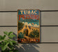 A vintage-style metal sign for Tubac Presidio State Historic Park in Arizona, featuring an illustration of a historic building surrounded by desert vegetation.