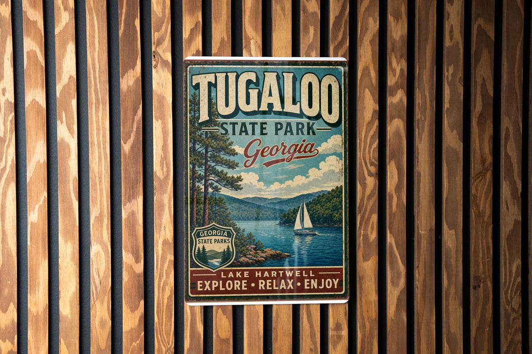 A vintage-style metal sign for Tugaloo State Park in Georgia, featuring a scenic image of a lake and mountains.