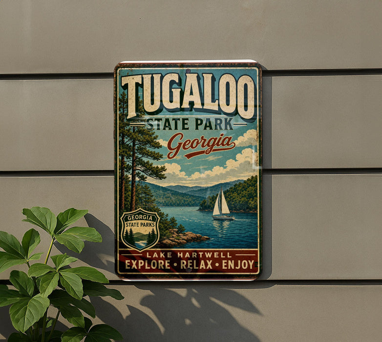 A vintage-style metal sign for Tugaloo State Park in Georgia, featuring a scenic image of a lake with a sailboat and mountains in the background.