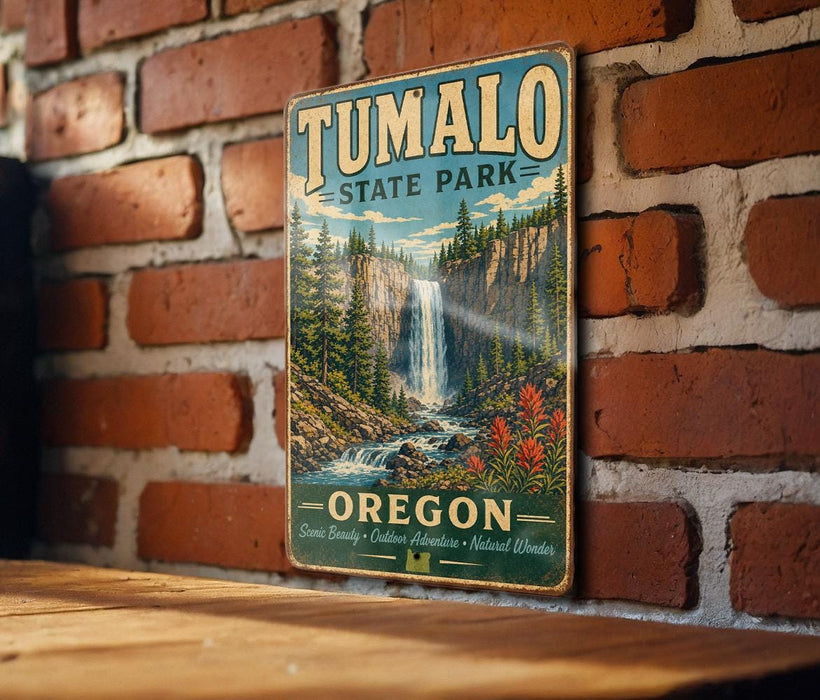 A vintage-style sign for Tumalo State Park in Oregon, featuring a waterfall and forest landscape.