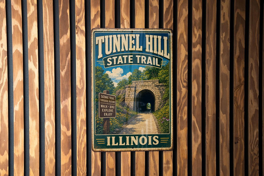 A vintage metal sign for Tunnel Hill State Trail in Illinois, featuring a tunnel entrance surrounded by greenery and a sign indicating the trail is for "scenic trail through history".