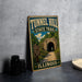 A vintage-style metal sign for Tunnel Hill State Trail in Illinois, featuring an illustration of a tunnel surrounded by greenery and a sign indicating the trail's scenic nature walk.