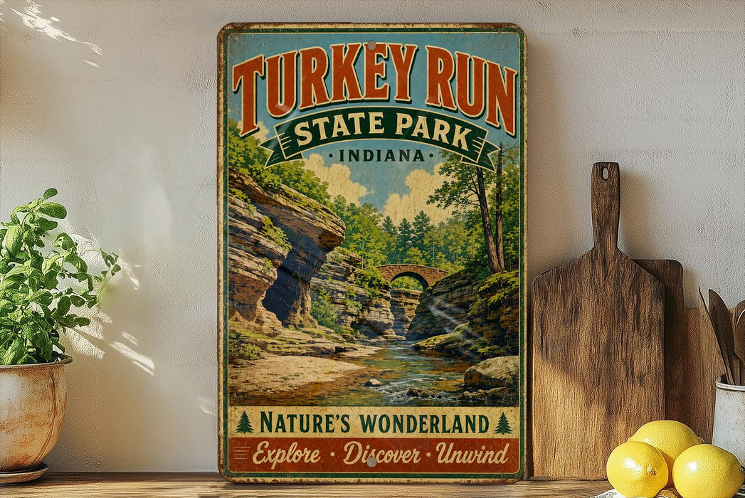 A vintage-style sign for Turkey Run State Park in Indiana, featuring a scenic landscape with a river, bridge, and lush greenery.