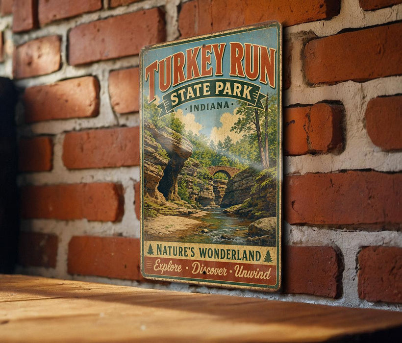 A vintage-style metal sign for Turkey Run State Park in Indiana, featuring a scenic landscape with a river and waterfall.