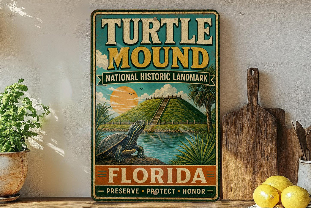 A vintage-style metal sign for the Turtle Mound National Historic Landmark in Florida, featuring a turtle on a rock and a tropical landscape.