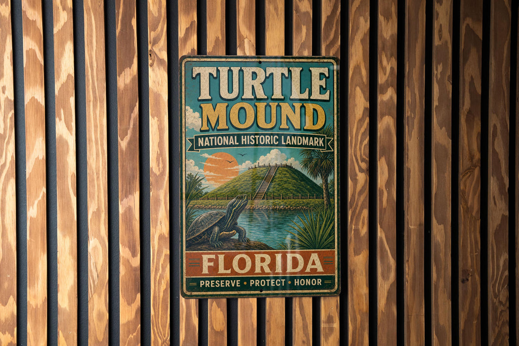 A vintage-style metal sign for Turtle Mound National Historic Landmark in Florida, featuring a turtle illustration and text promoting the preservation, protection, and honor of the landmark.
