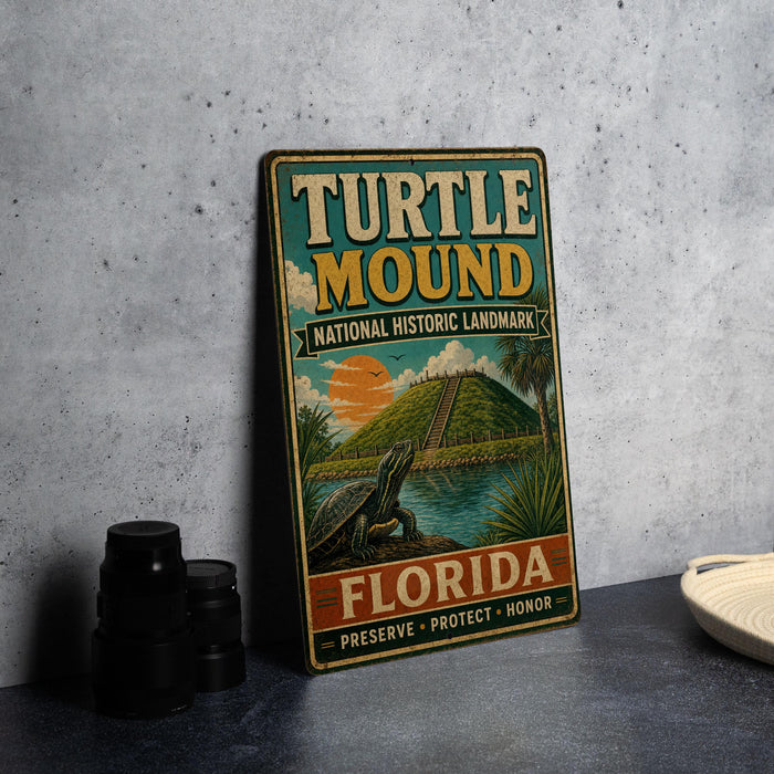 A vintage-style metal sign for Turtle Mound National Historic Landmark in Florida, featuring an illustration of a turtle and a sunset landscape.