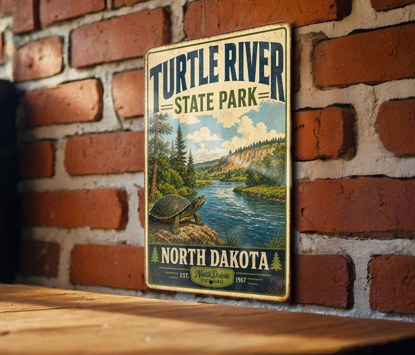 A vintage-style metal sign for Turtle River State Park in North Dakota, featuring a scenic illustration of a river and forest landscape.